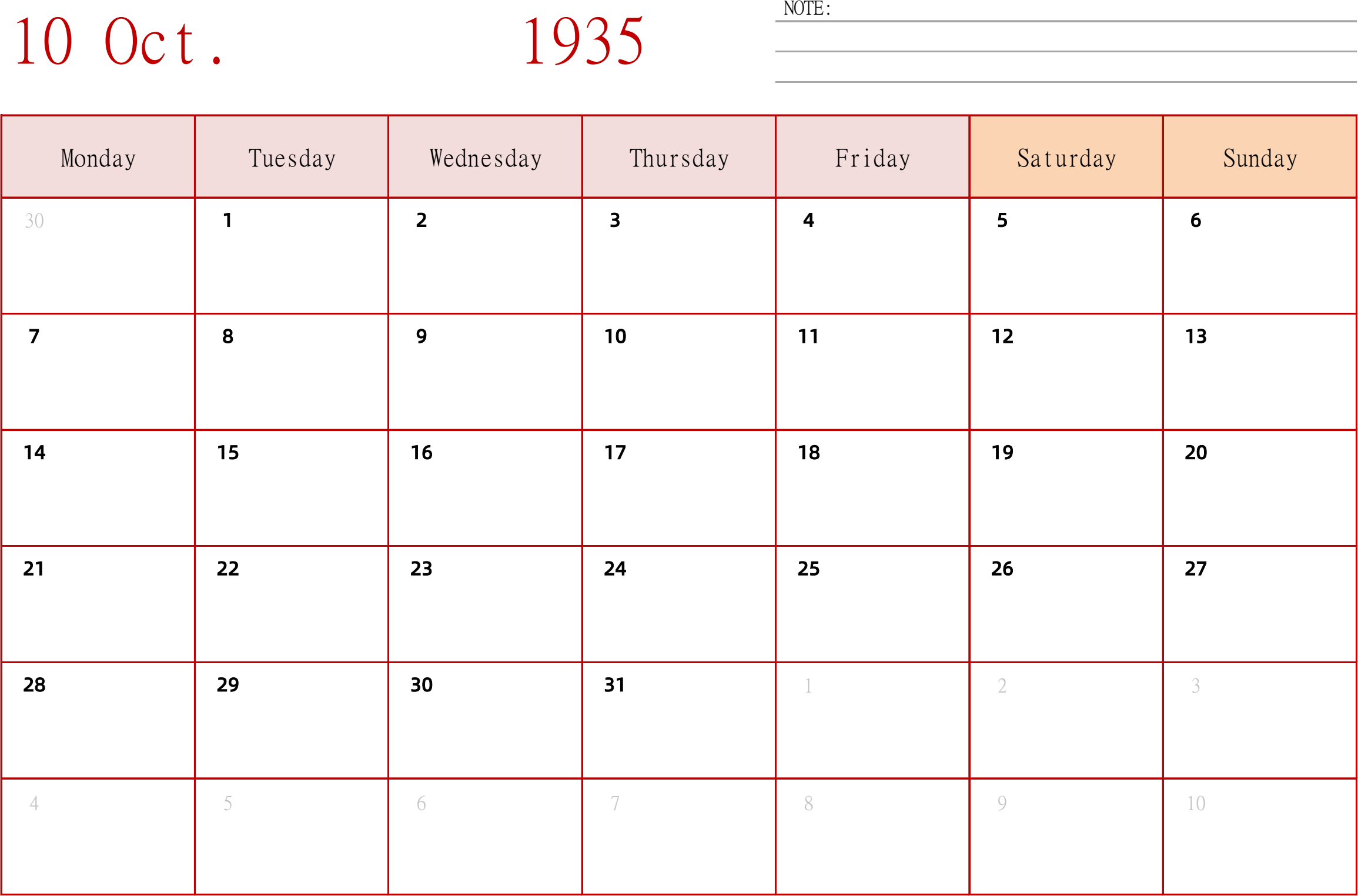 日历表1935年日历 英文版 横向排版 周一开始
